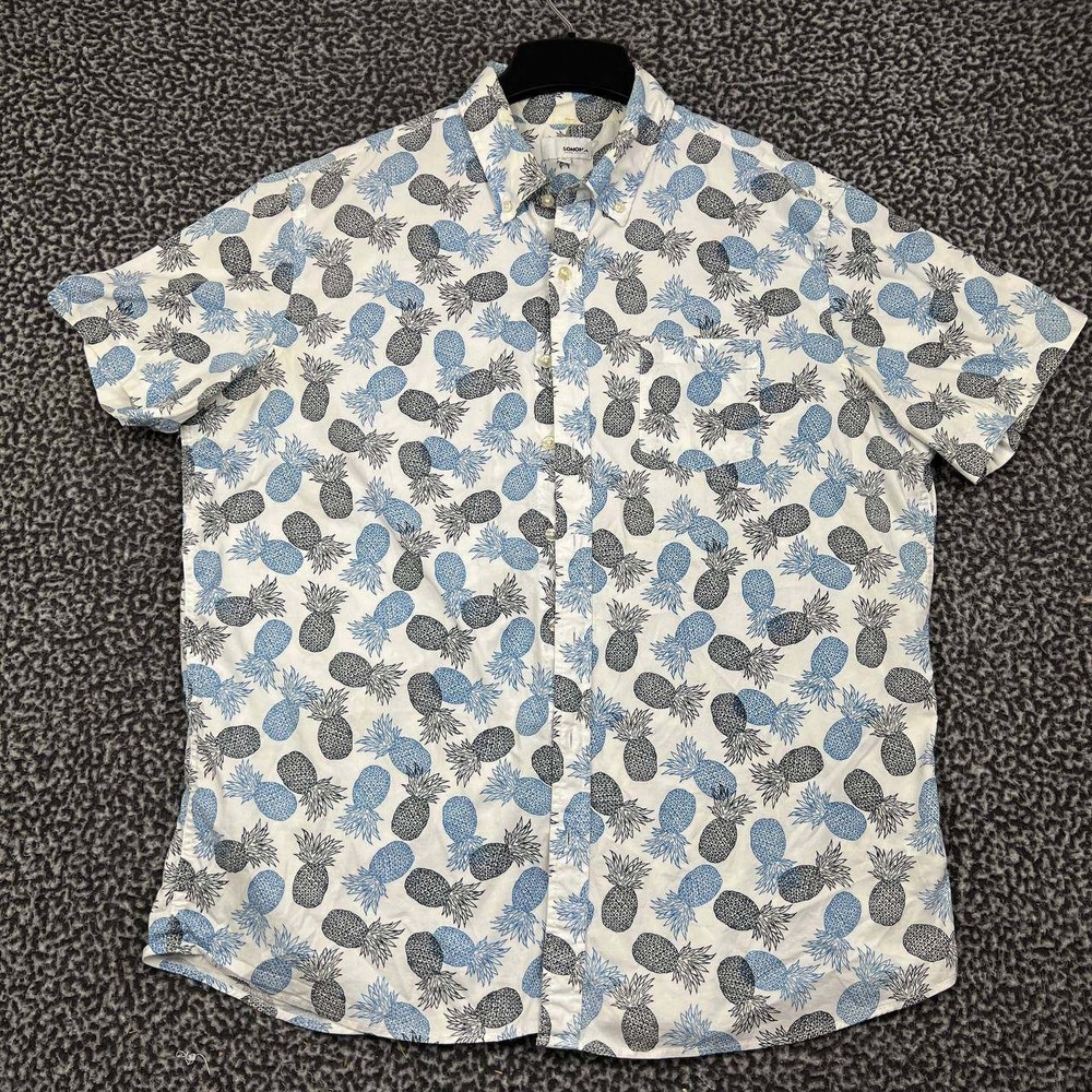 Sonoma Button Down Shirt‎ Men XL White Blue Pineapple Print Short Sleeve Cotton
